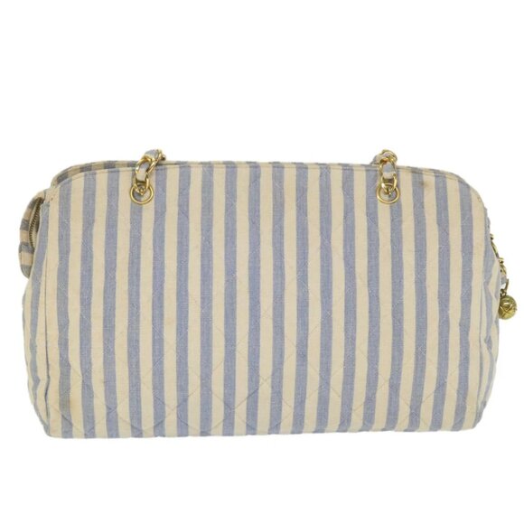 CHANEL Quilted Chain Big Matelasse Shoulder Bag Canvas Light Blue CC Auth 58349A - Picture 3 of 15